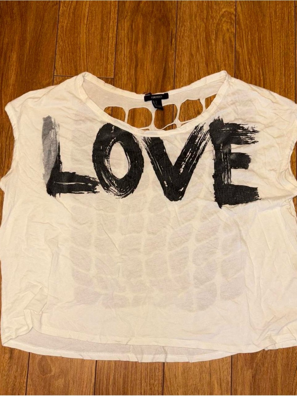 Y2K white "love" graphic top with cut out detail
